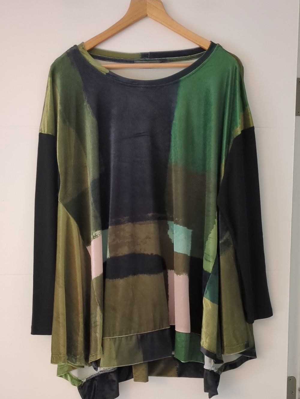 Alembika Trapeze Abstract Print Velvet Green Oversized Tunic Top Sz S(8-12) Boho - Picture 5 of 9